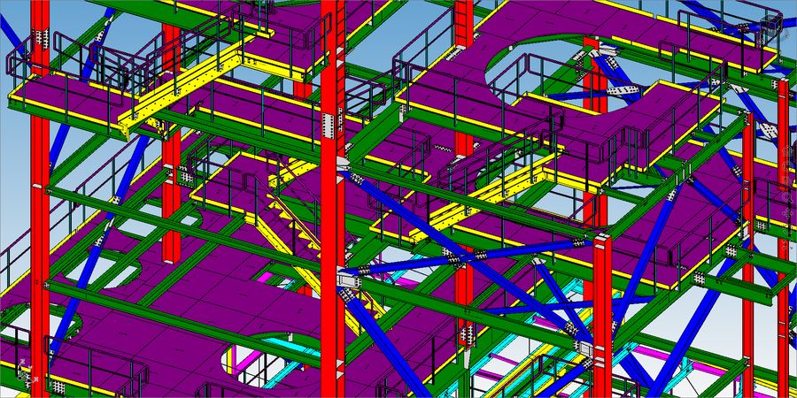 Modelo 3D de estrutura metálica industrial com pilares, vigas, contraventamentos, pisos e escadas