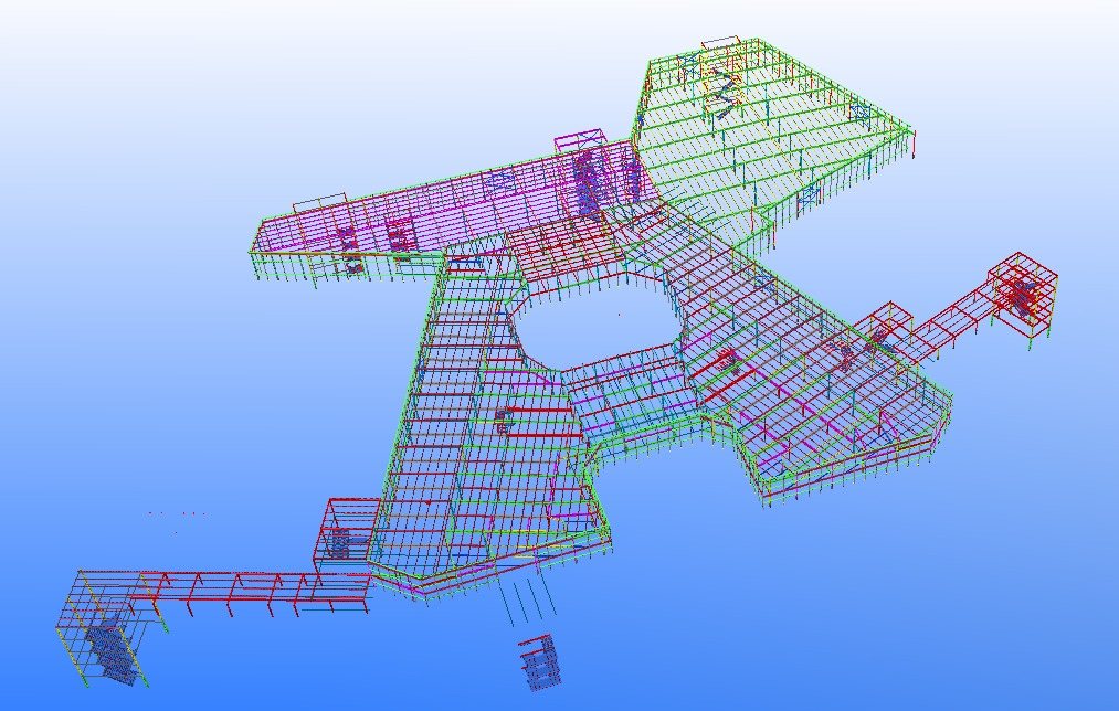 3D Tekla model of a multi-wing commercial building framed around a central atrium