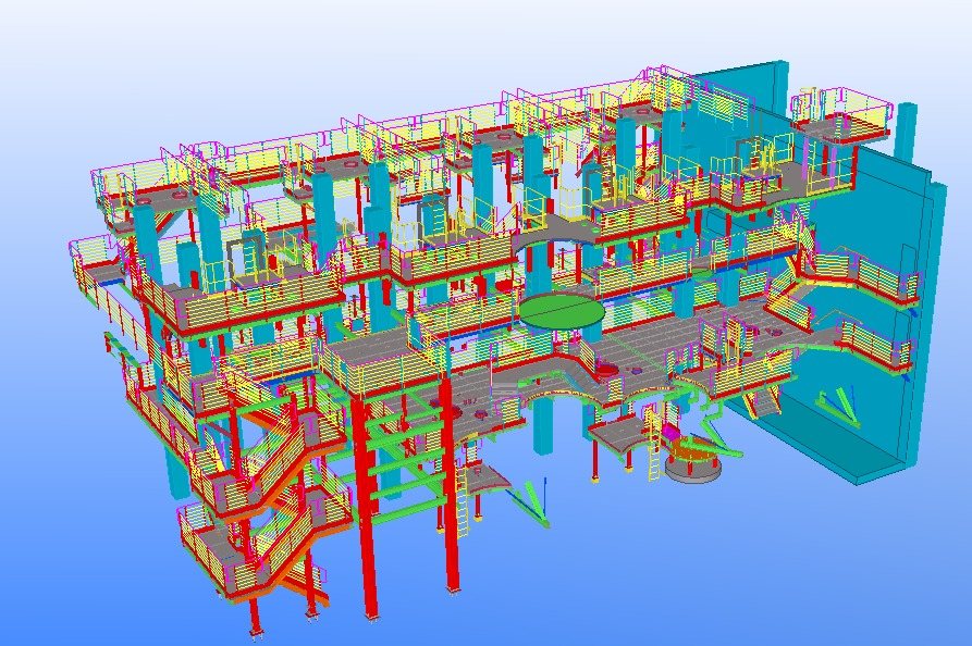 3D Tekla model of multi-level industrial platforms with stairs and handrails
